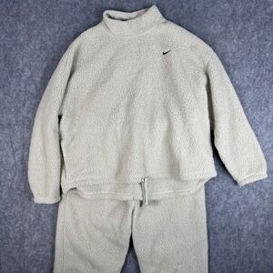 Nike Sweatshirt Pant Set Womens XL Beige Fleece Sherpa Mock Neck DD6487 Cozy